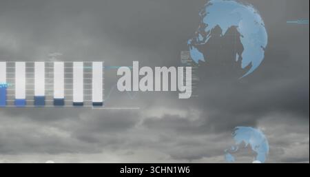 Displaying data overlays under grey sky, with bar chart, globe icons, code text, faint graph lines Stock Photo