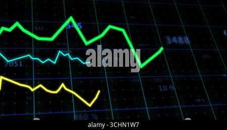 Displaying neon line plots green, yellow and light-blue moving across dashboard, featuring numbers Stock Photo