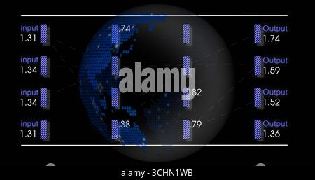 Displaying dotted globe of Earth between four purple input and Output value bars on dark canvas Stock Photo