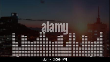 Displaying audio equalizer bars rising and falling over blurred urban skyline at dusk, music theme Stock Photo