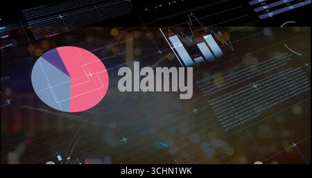 Displaying pink lavender pie chart covering left side of high-tech UI with HUD elements, copy space Stock Photo