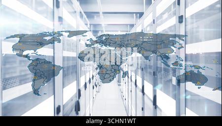 Displaying translucent world map scanning data center aisle, showing warning, data-transfer icons Stock Photo