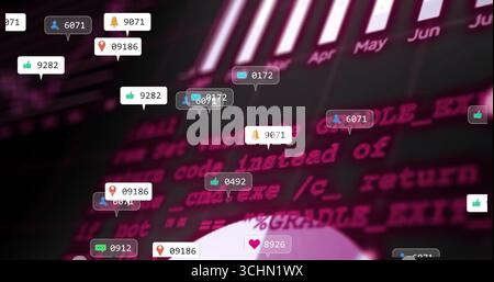 Displaying code streaming on virtual dashboard with floating social media notification bubble icons Stock Photo