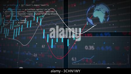 Displaying candlestick bars and overlaying red and white trend lines on dashboard, with globe icon Stock Photo