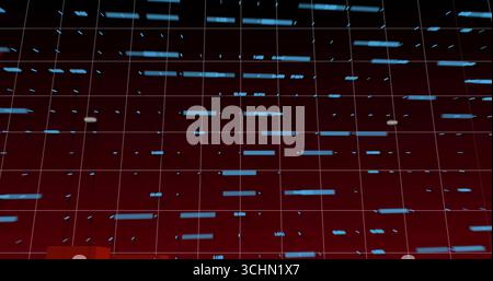 Displaying 3D grid forming cubes in red backdrop, with blue bars, cyan blocks, numeric labels Stock Photo
