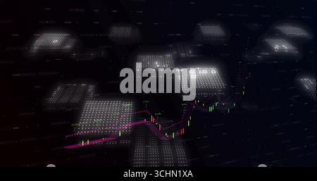 Showing green-red candlestick chart on screen, with dot-matrix platforms, magenta line, data labels Stock Photo