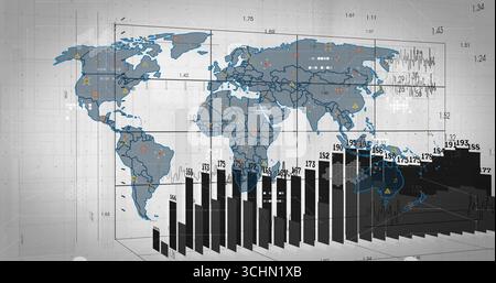 Displaying 3D chart overlaying world map with bar charts on perspective grid, showing data icons Stock Photo