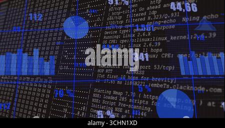 Displaying network scan interface on screen, showing bar and pie charts, console logs and gridlines Stock Photo