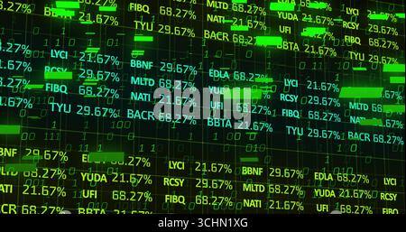 Displaying dark dashboard on trading terminal with ticker symbols highlight bars and binary code Stock Photo