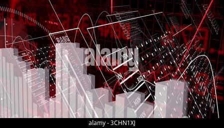Showing translucent 3D bar chart columns rising in analytics environment, with YEN MXN BRL panels Stock Photo