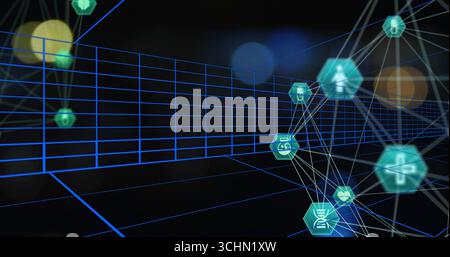 Displaying neon-blue wireframe grid, teal hex icons, network lines and blurred flares in cyberspace Stock Photo