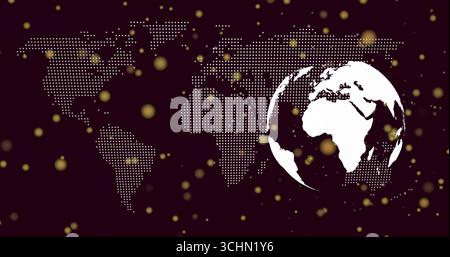 Displaying globe silhouette showing Europe Africa on purple, dotted map, golden circles copy space Stock Photo