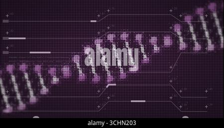 Displaying stylized DNA helix over purple grid with plus-sign data markers and numeric labels Stock Photo