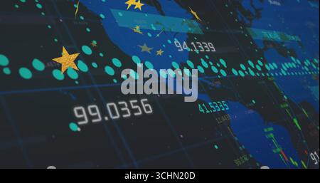 Displaying map showing grid lines, turquoise markers and data labels on navy panel with gold stars Stock Photo