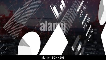 Displaying white diamond panel over city skyline at dusk, with pie chart segments and bar charts Stock Photo