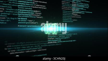 Pulsating glowing green orb emitting light streaks in digital cyberspace, with scrolling code Stock Photo