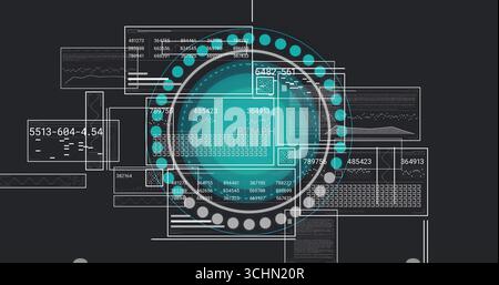 Displaying teal HUD pulsing with dot rings on digital dashboard, white lines linking data panels Stock Photo