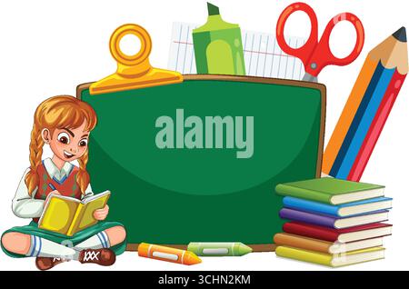 Cheerful schoolgirl reading with books, chalkboard, and colorful school supplies in cartoon style. Stock Vector