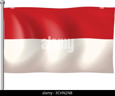 Red and white Indonesia flag waving, vector style, soft gradients, realistic fabric texture, flagpole Stock Vector