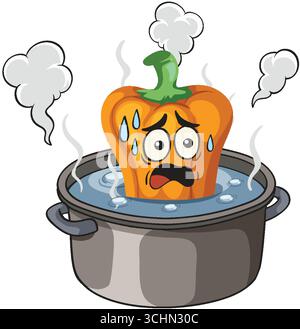 Cartoon orange bell pepper sweating in boiling pot, bold vector style, humorous cooking scene. Stock Vector