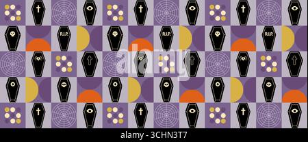 Geometric seamless pattern Bauhaus Halloween of abstract modern shapes with horror holiday characters. Stock Vector