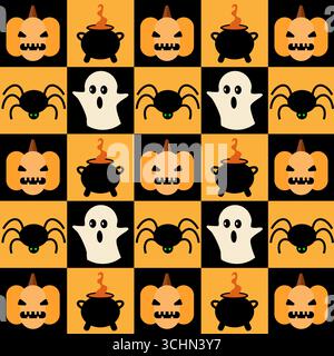 Geometric seamless pattern Bauhaus Halloween of abstract modern shapes with horror holiday characters. Stock Vector
