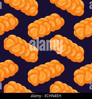 Seamless pattern of braided challah bread loaf on dark background symbolizing Jewish Rosh Hashanah holiday, tradition and festive celebration in Stock Vector