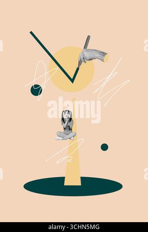 Poster trend collage of person stand sit arrows up drawing on pastel background Stock Photo