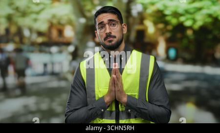 Young man in safety vest standing on an urban street with blurred city background, expressing hope with hands together in a calm outdoor setting. Stock Photo