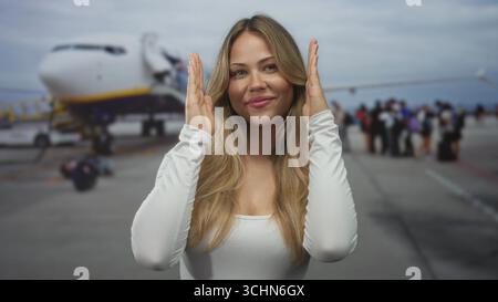 Woman smiles and holds hands beside face framing gesture at airport; optimism anticipation imagination. Stock Photo