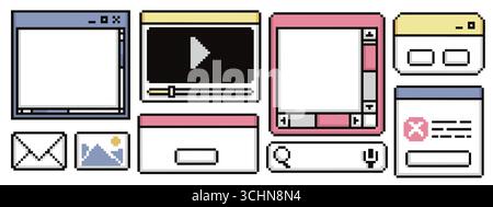 Pixel frame ui collection with retro browser windows, video player and application interfaces. 8 bit style borders with buttons, search bars and controls. Digital nostalgic elements for web design. Stock Vector
