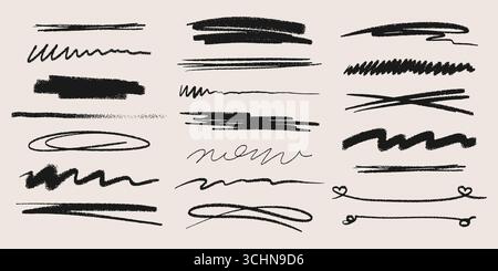 Hand drawn crayon stripe collection with rough textured marks and organic shapes. Black charcoal brushstrokes - wavy lines, circular frames, zigzag patterns and decorative heart design elements. Stock Vector