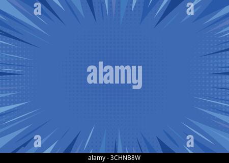 Blue comic book pop art background. Zoom effect creative halftone background. Anime explosion effect with sunburst. Superhero background Stock Vector