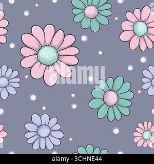 Cute Daisy Floral Seamless Pattern, Hand-Drawn Flowers with Colorful Polka Dots Stock Vector
