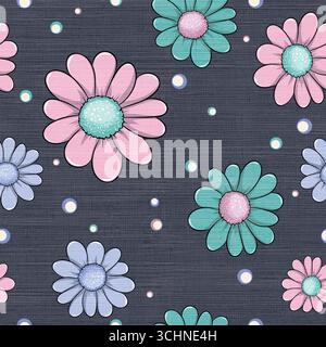 Retro Floral Seamless Pattern, 70s Flowers on Textured Fabric Background Stock Vector