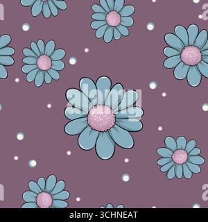 Cute Daisy Floral Seamless Pattern, Hand-Drawn Flowers with Colorful Polka Dots Stock Vector