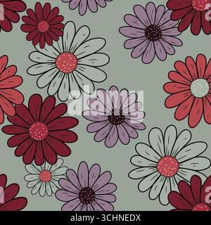 Cute Daisy Floral Seamless Pattern, Hand-Drawn Flowers with Colorful Polka Dots Stock Vector
