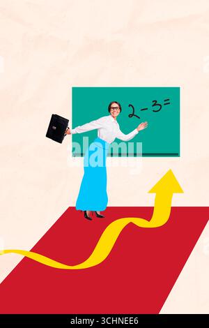 Composite image montage trend artwork collage of young woman teacher stand board numbers count maths back class classroom college courses Stock Photo