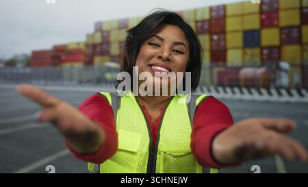 Woman smiling in reflective vest at a port with containers in the background, capturing a vibrant moment of joy and positivity at a bustling shipping Stock Photo