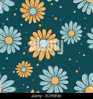 Cute Daisy Floral Seamless Pattern, Hand-Drawn Flowers with Colorful Polka Dots Stock Vector