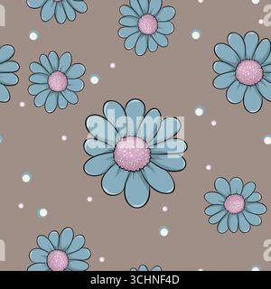 Cute Daisy Floral Seamless Pattern, Hand-Drawn Flowers with Colorful Polka Dots Stock Vector