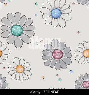 Cute Daisy Floral Seamless Pattern, Hand-Drawn Flowers with Colorful Polka Dots Stock Vector