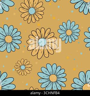 Cute Daisy Floral Seamless Pattern, Hand-Drawn Flowers with Colorful Polka Dots Stock Vector
