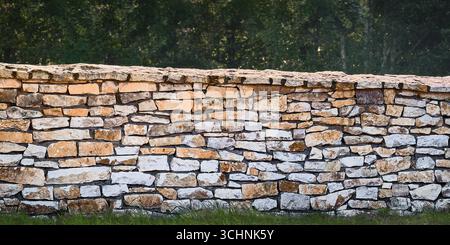 Panoramic rustic stone wall, seamless masonry texture ideal as natural background, architecture pattern or design surface. Stock Photo