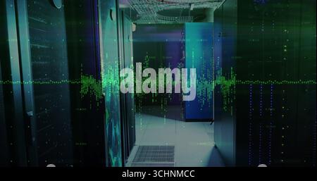 Showing data center aisle running between server racks with LEDs, network cables, waveform overlay Stock Photo