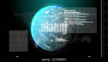 Floating 3D globe pulsing with wireframe nodes in dashboard interface, with code and data panels Stock Photo