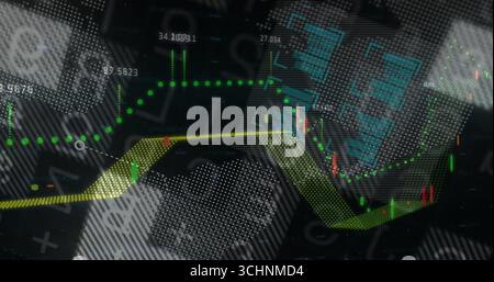 Displaying candlestick bars with yellow moving average, green dotted trend line on grid interface Stock Photo