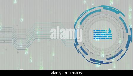 Displaying blue firewall icon rotating within circular HUD on beige, with network lines, copy space Stock Photo