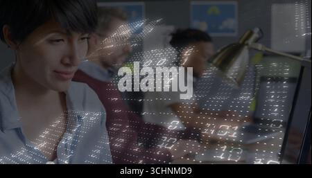 Typing Chinese woman and colleagues coding on keyboards at open office, digital overlay, copy space Stock Photo