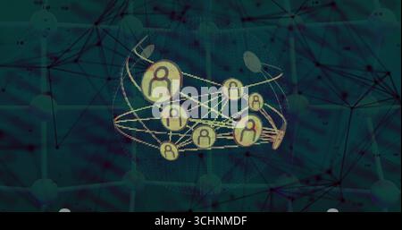 Displaying 3D wireframe globe in dark teal network space, with floating user icons and curved lines Stock Photo